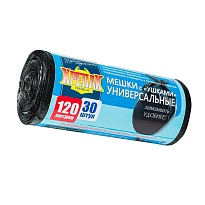 Мешки для мусора 120 л, с ушками, черные, в рулоне 30 шт., ПНД, 15 мкм, 1100х700 мм, Крепак, 4607075710375 в Рязани